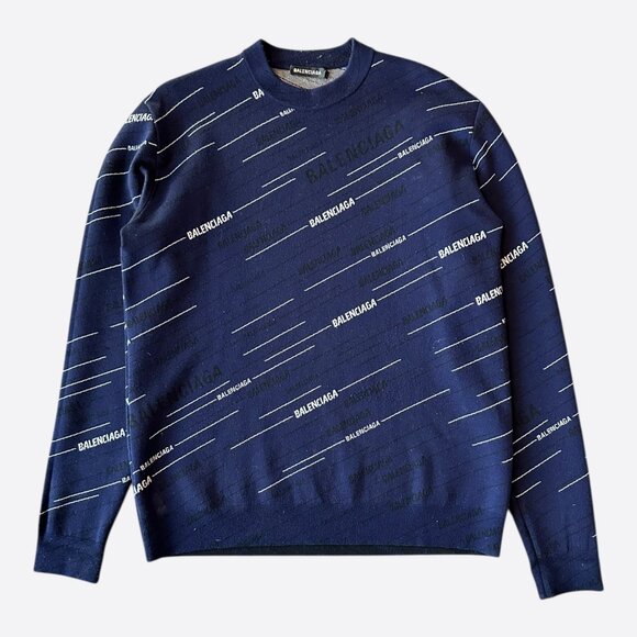 Balenciaga Navy Black & White All Over Logo Knit Sweater - Picture 1 of 6